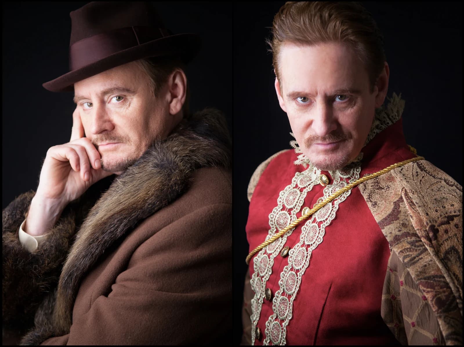 Two character portraits of Bart Shatto, in a brown hat and coat and an ornate red theatrical costume